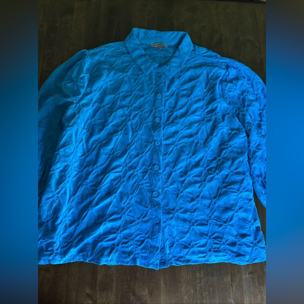 Rylee Moon 3X Blouse Button Down Top Textured Blue Artsy Office Classic Stretch